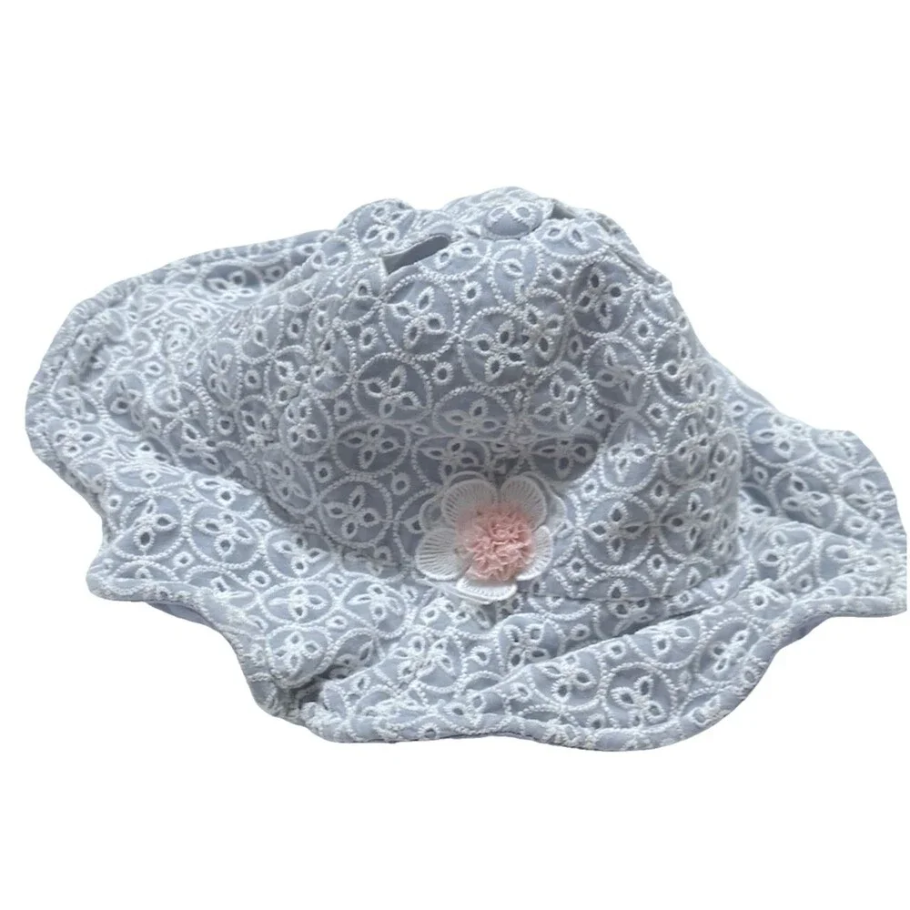 Happyland Baby Sun Hat Blue White Eyelet Flower Adjustable Rim Toddler 18 24 M